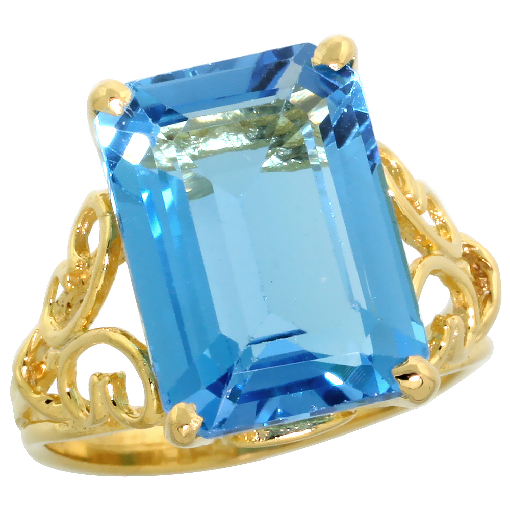 10k Gold Large Rectangular Center Stone Ring, w/ 8.00 Carats (14x10mm) Emerald Cut Blue Topaz Stone, 9/16 in. (15mm) wide