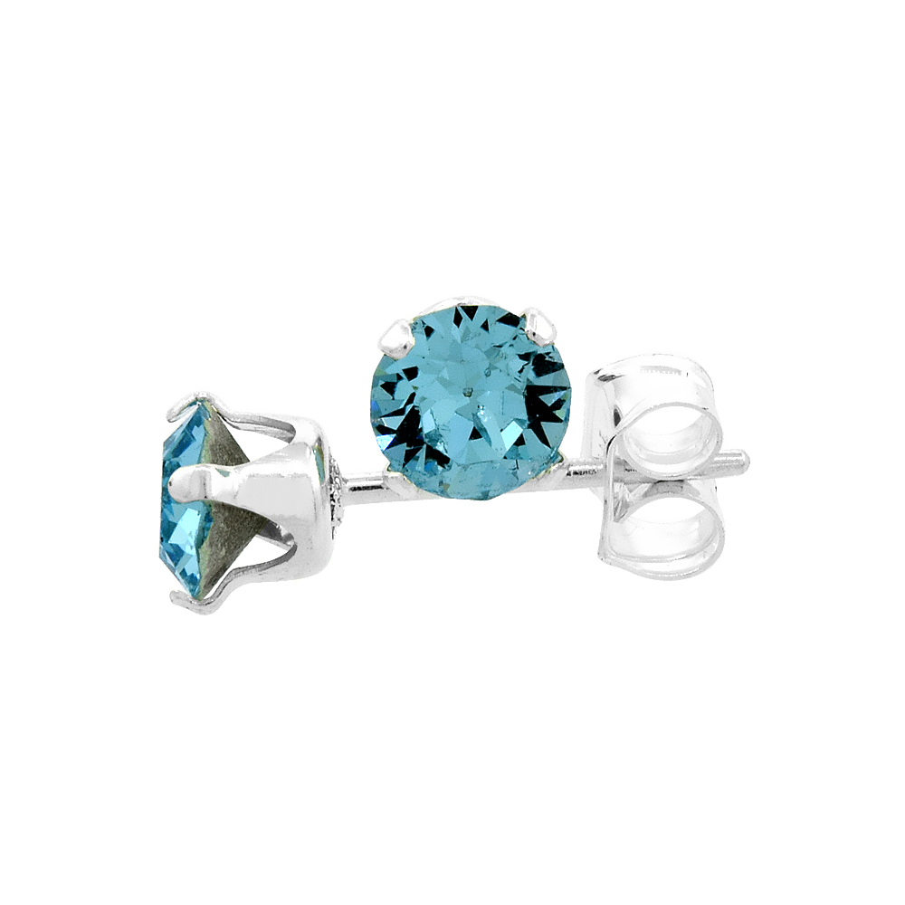 Sterling Silver 4mm Round Aquamarine Color Crystal Stud Earrings March Birthstones with Swarovski Crystals 1/2 ct total