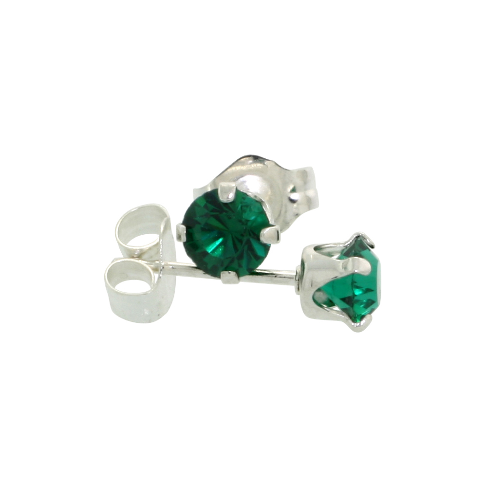 Sterling Silver 4mm Round Emerald Color Crystal Stud Earrings May Birthstones with Swarovski Crystals 1/2 ct total