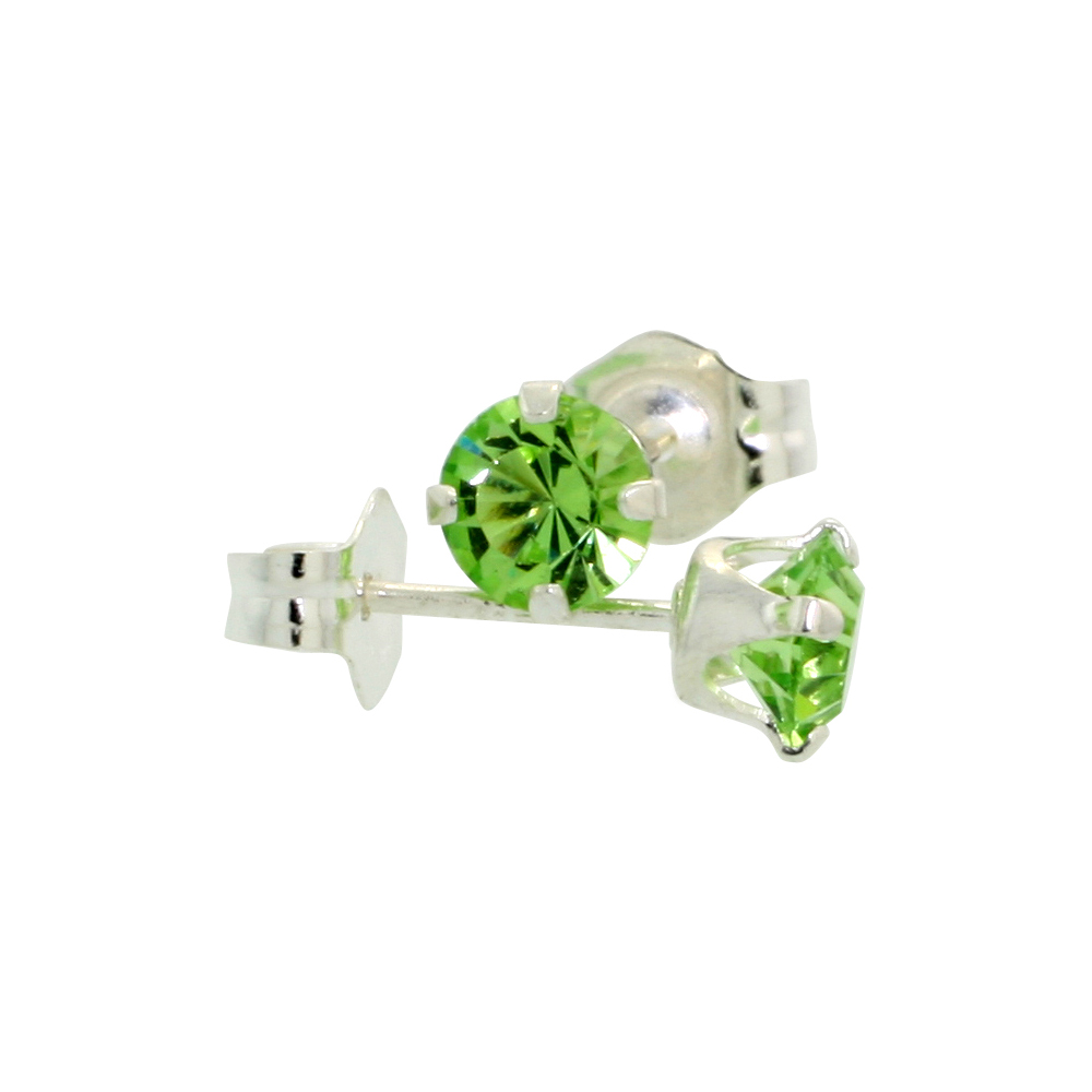 Sterling Silver 4mm Round Peridot Color Crystal Stud Earrings August Birthstones with Swarovski Crystals 1/2 ct total