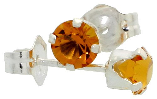 Sterling Silver 4mm Round Citrine Color Crystal Stud Earrings November Birthstones with Swarovski Crystals 1/2 ct total