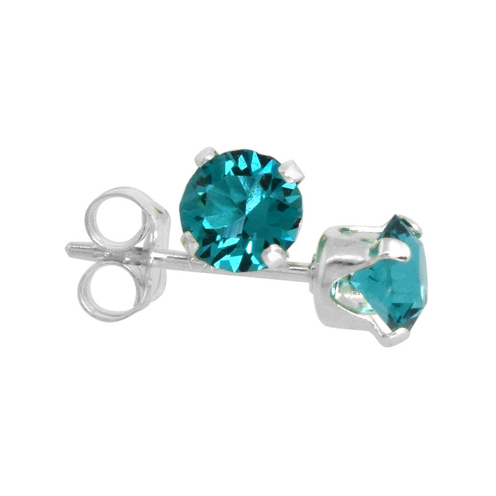 Sterling Silver 4mm Round Blue Topaz Color Crystal Stud Earrings December Birthstones with Swarovski Crystals 1/2 ct total