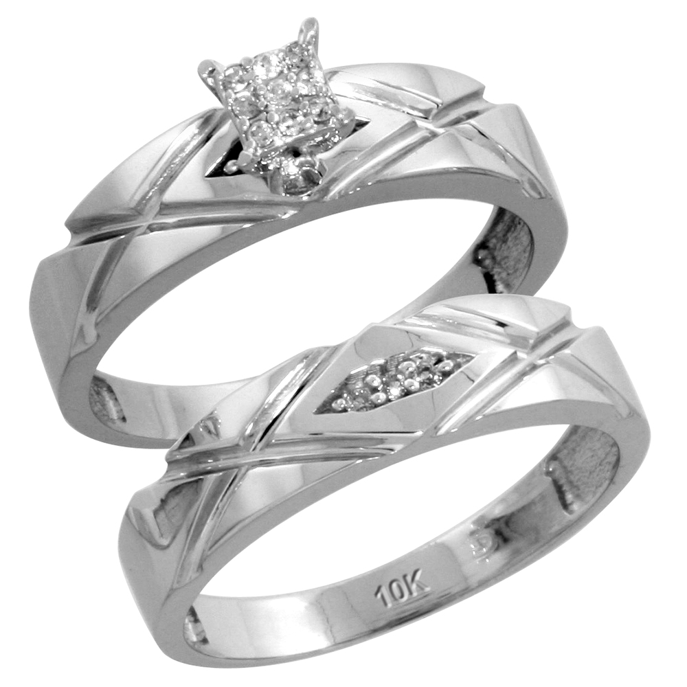 10k White Gold Diamond Trio Wedding Ring Set 3-piece His &amp; Hers 6 &amp; 5 mm 0.12 cttw, sizes 5 14