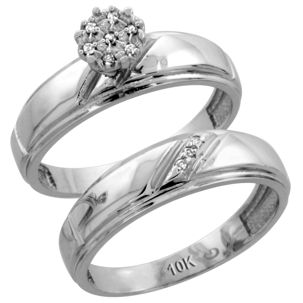 10k White Gold Diamond Engagement Rings Set for Men and Women 2-Piece 0.07 cttw Brilliant Cut, 5.5mm &amp; 7mm wide