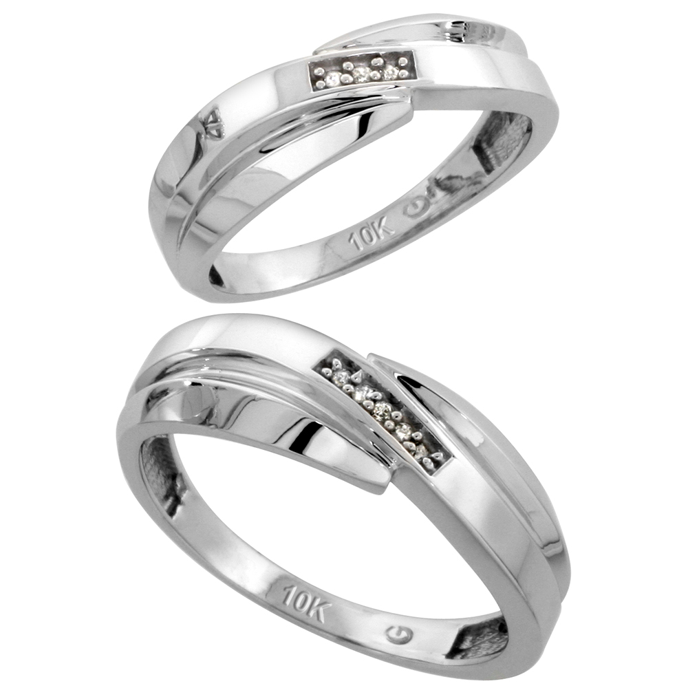 10k White Gold Diamond 2 Piece Wedding Ring Set His 7mm &amp; Hers 6mm, Men&#039;s Size 8 to 14