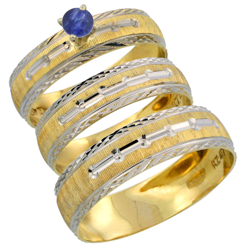 10k Gold 3-Piece Trio Blue Sapphire Wedding Ring Set Him &amp; Her 0.10 ct Rhodium Accent Diamond-cut Pattern, Ladies Sizes 5 - 10 &amp; Men&#039;s Sizes 8 - 14