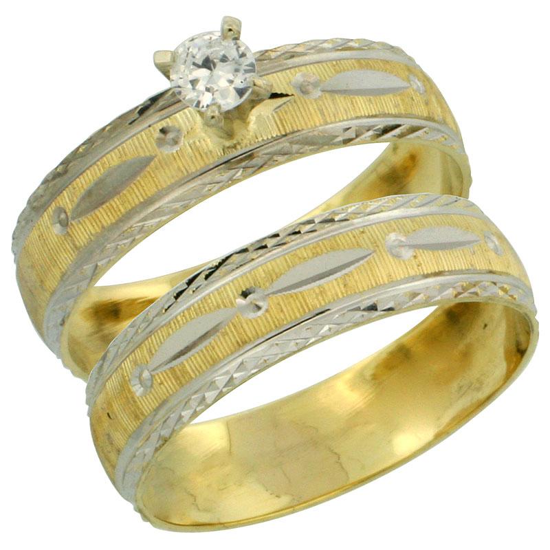 10k Gold Ladies&#039; 2-Piece 0.25 Carat White Sapphire Engagement Ring Set Diamond-cut Pattern Rhodium Accent, 3/16 in. (4.5mm) wide