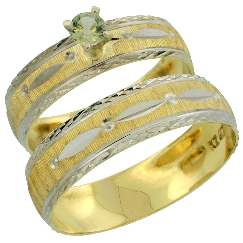 10k Gold 2-Piece 0.25 Carat Green Sapphire Ring Set (Engagement Ring &amp; Man&#039;s Wedding Band) Diamond-cut Pattern Rhodium Accent, (