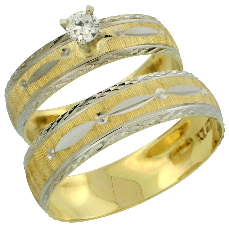 10k Gold 2-Piece 0.25 Carat White Sapphire Ring Set (Engagement Ring & Man's Wedding Band) Diamond-cut Pattern Rhodium Accent, (
