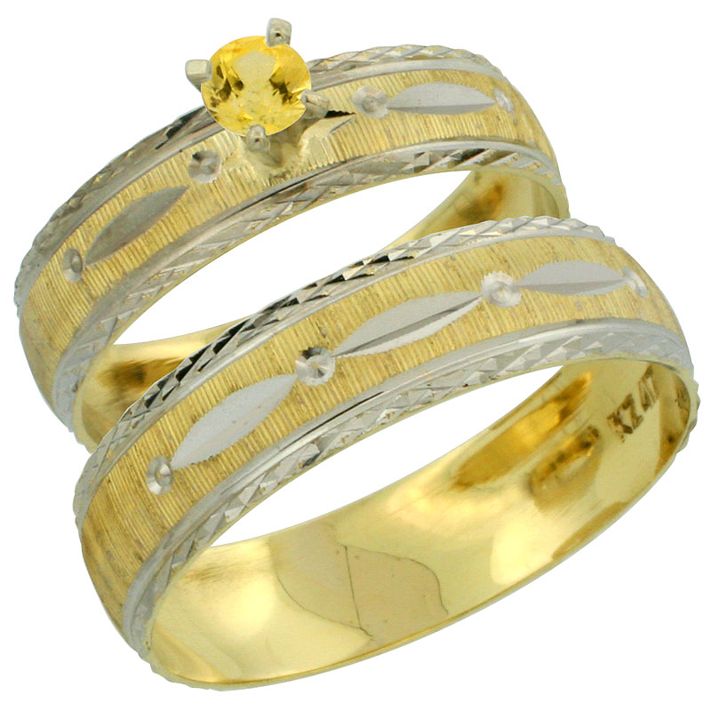 10k Gold 2-Piece 0.25 Carat Yellow Sapphire Ring Set (Engagement Ring &amp; Man&#039;s Wedding Band) Diamond-cut Pattern Rhodium Accent, 