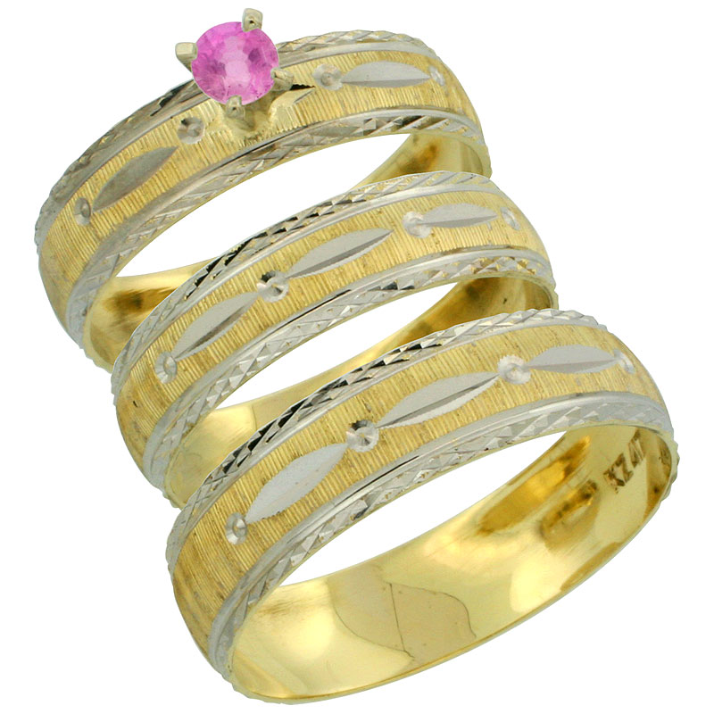 10k Gold 3-Piece Trio Pink Sapphire Wedding Ring Set Him & Her 0.10 ct Rhodium Accent Diamond-cut Pattern, Ladies Sizes 5 - 10 &