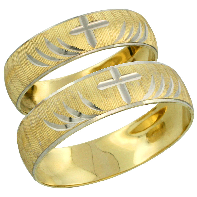 10k Gold 2-Piece Wedding Band Ring Set Him &amp; Her 5.5mm &amp; 4.5mm Diamond-cut Pattern Rhodium Accent, Ladies&#039; Sizes 5 - 10 &amp; Men&#039;s Sizes 8 - 14