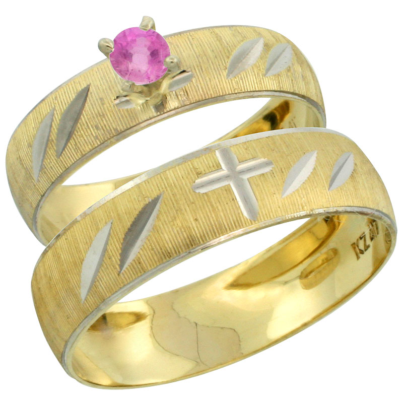 10k Gold 2-Piece 0.25 Carat Pink Sapphire Ring Set (Engagement Ring &amp; Man&#039;s Wedding Band) Diamond-cut Pattern Rhodium Accent, (4.5mm; 5.5mm) wide , Ladies&#039; Sizes 5 - 10 &amp; Men&#039;s Size 8 - 14