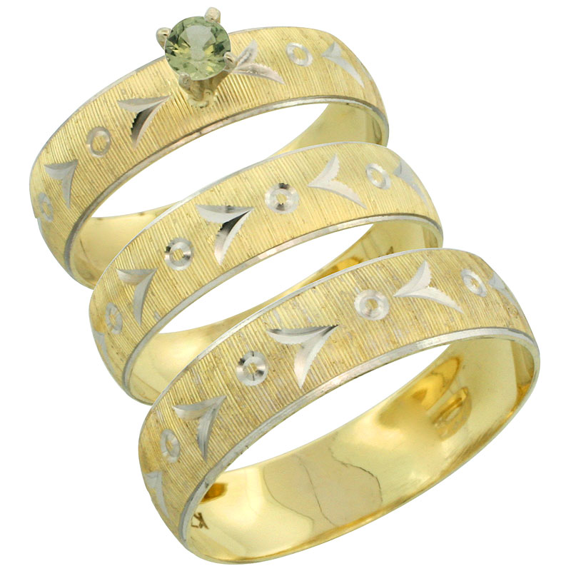 10k Gold 3-Piece Trio Green Sapphire Wedding Ring Set Him &amp; Her 0.10 ct Rhodium Accent Diamond-cut Pattern, Ladies Sizes 5 - 10 &amp; Men&#039;s Sizes 8 - 14