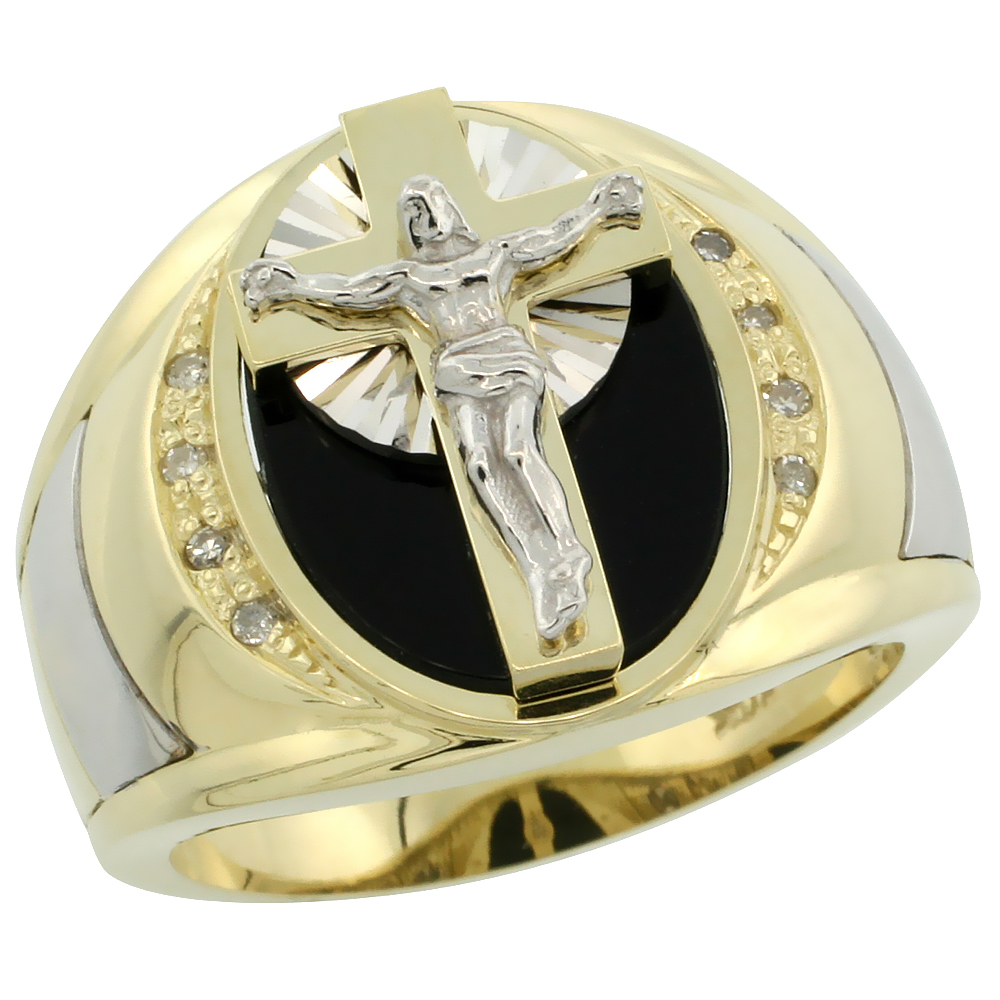 10k Gold Men&#039;s Rhodium Accented Crucifix Oval Diamond Ring w/ Black Onyx Stone &amp; 0.066 Carat Brilliant Cut Diamonds, 5/8 in. (16mm) wide