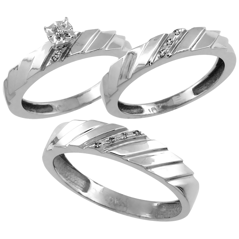 10k White Gold 3-Pc. Trio His (5mm) &amp; Hers (4mm) Diamond Wedding Ring Band Set, w/ 0.075 Carat Brilliant Cut Diamonds (Ladies&#039; Sizes 5-10; Men&#039;s Sizes 8 to 14)