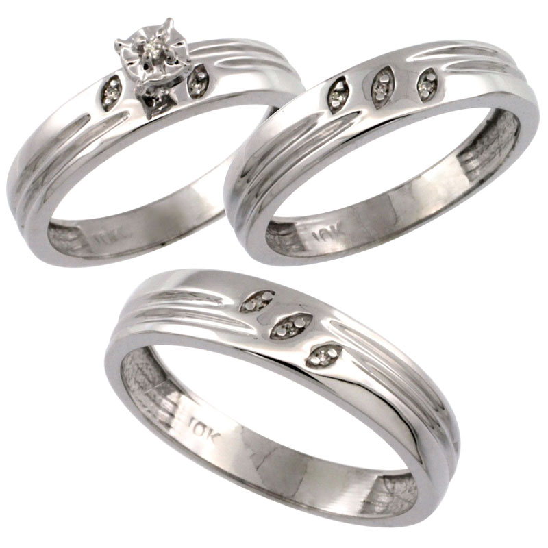 10k White Gold 3-Pc. Trio His (5mm) &amp; Hers (4.5mm) Diamond Wedding Ring Band Set, w/ 0.075 Carat Brilliant Cut Diamonds (Ladies&#039; Sizes 5-10; Men&#039;s Sizes 8 to 14)