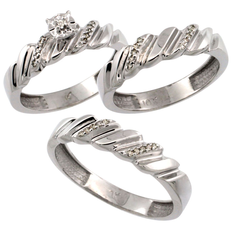 10k White Gold 3-Pc. Trio His (5mm) &amp; Hers (5mm) Diamond Wedding Ring Band Set, w/ 0.20 Carat Brilliant Cut Diamonds (Ladies&#039; Sizes 5-10; Men&#039;s Sizes 8 to 14)