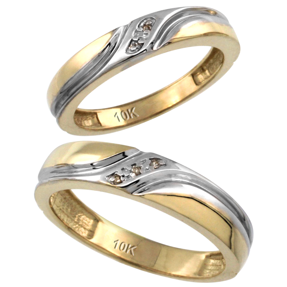 10k Gold 2-Pc His (5mm) &amp; Hers (4mm) Diamond Wedding Ring Band Set w/ 0.032 Carat Brilliant Cut Diamonds (Ladies&#039; Sizes 5 to 10; Men&#039;s Sizes 8 to 14)