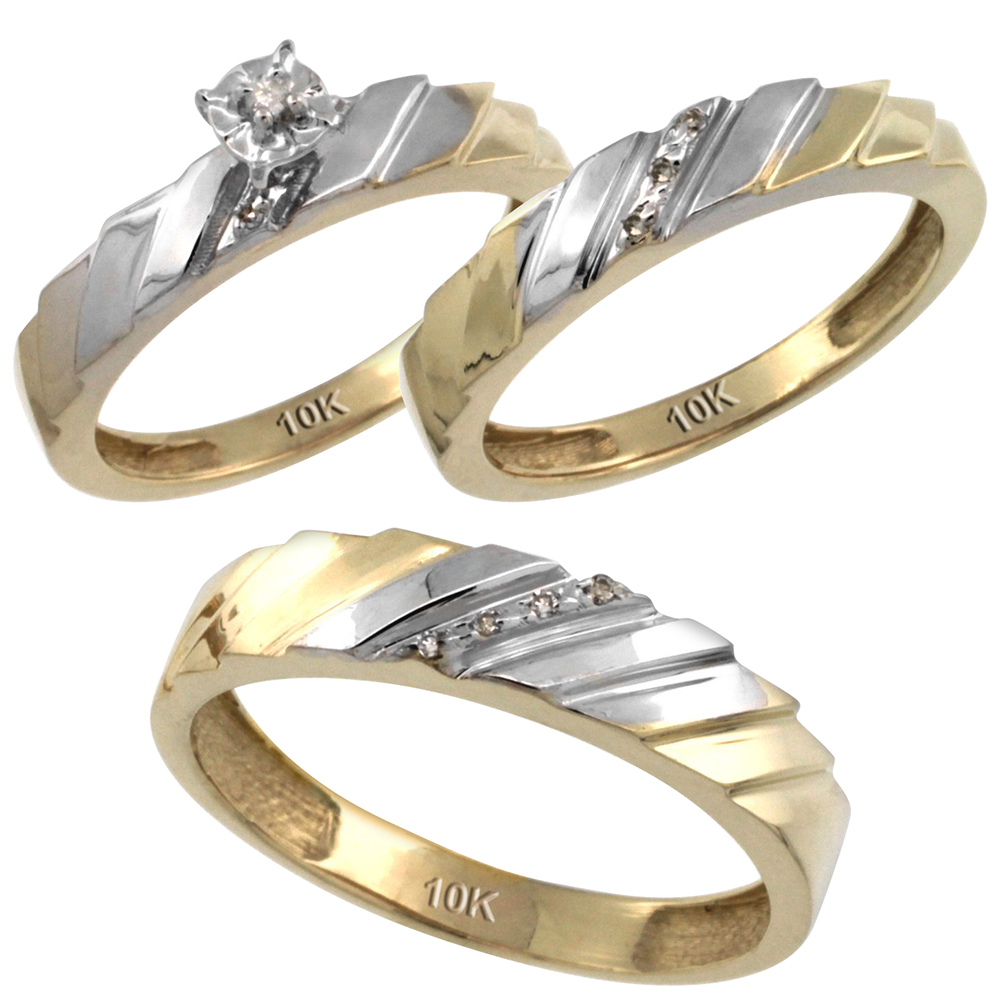 10k Gold 3-Pc. Trio His (5mm) & Hers (4mm) Diamond Wedding Ring Band Set, w/ 0.075 Carat Brilliant Cut Diamonds (Ladies' Sizes 5-10; Men's Sizes 8 to 14)