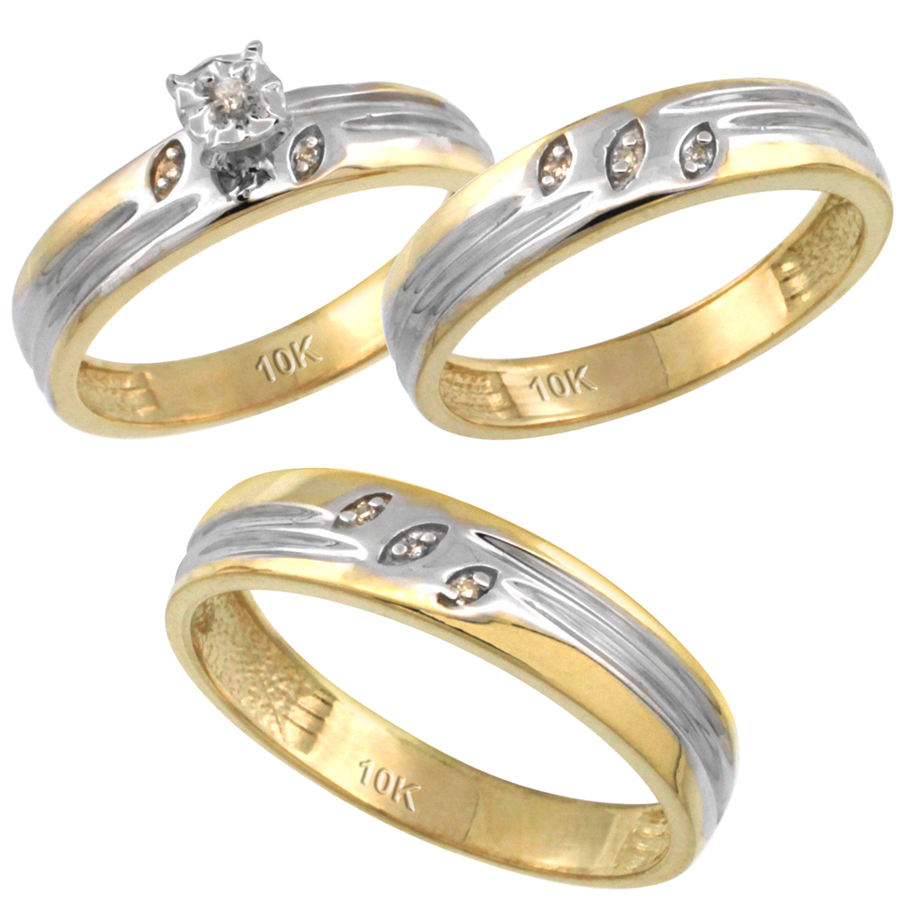14k Gold 3-Pc. Trio His (5mm) &amp; Hers (4.5mm) Diamond Wedding Ring Band Set, w/ 0.075 Carat Brilliant Cut Diamonds (Ladies&#039; Sizes 5-10; Men&#039;s Sizes 8 to 14)