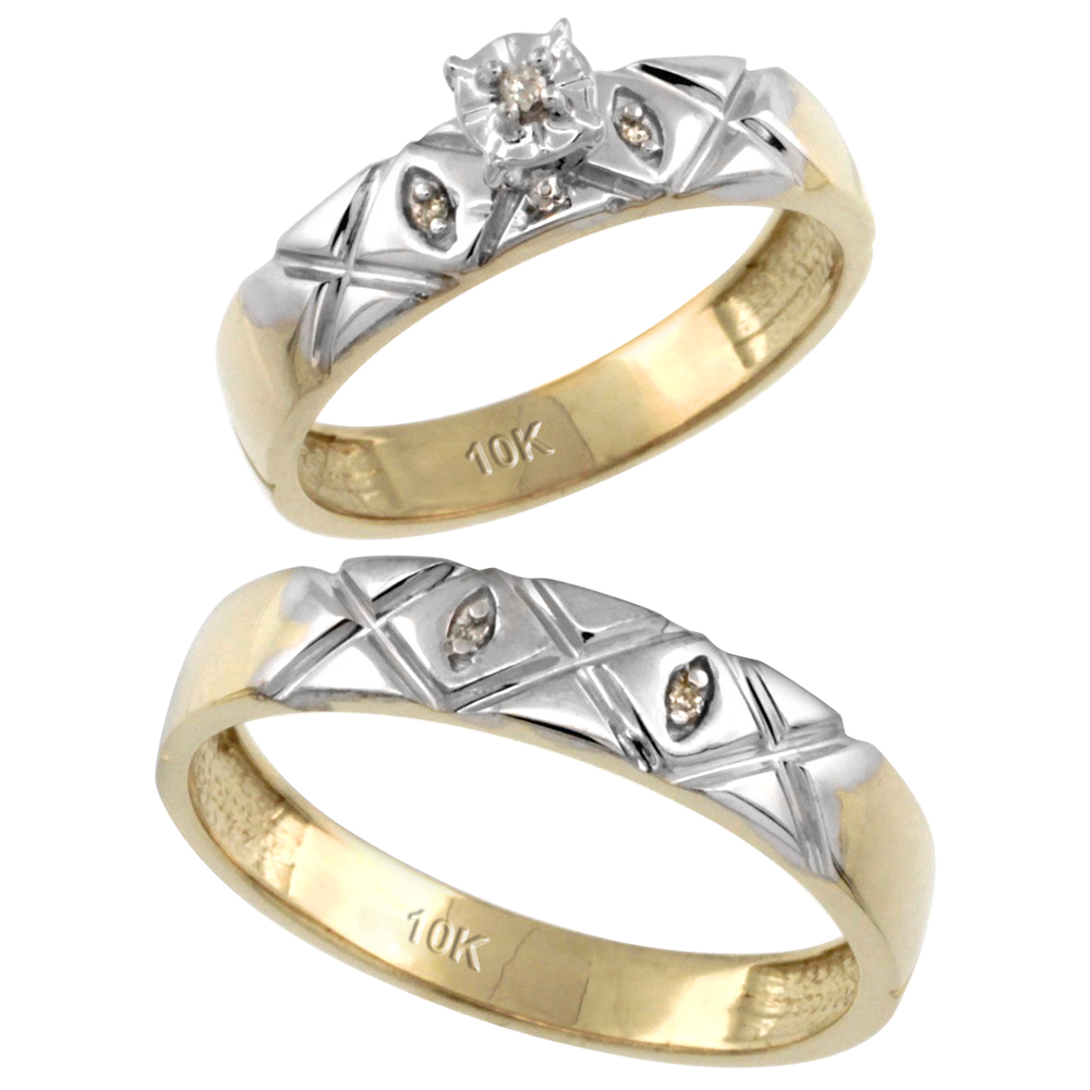 14k Gold 2-Pc Diamond Ring Set (4.5mm Engagement Ring &amp; 5mm Man&#039;s Wedding Band), w/ 0.043 Carat Brilliant Cut Diamonds