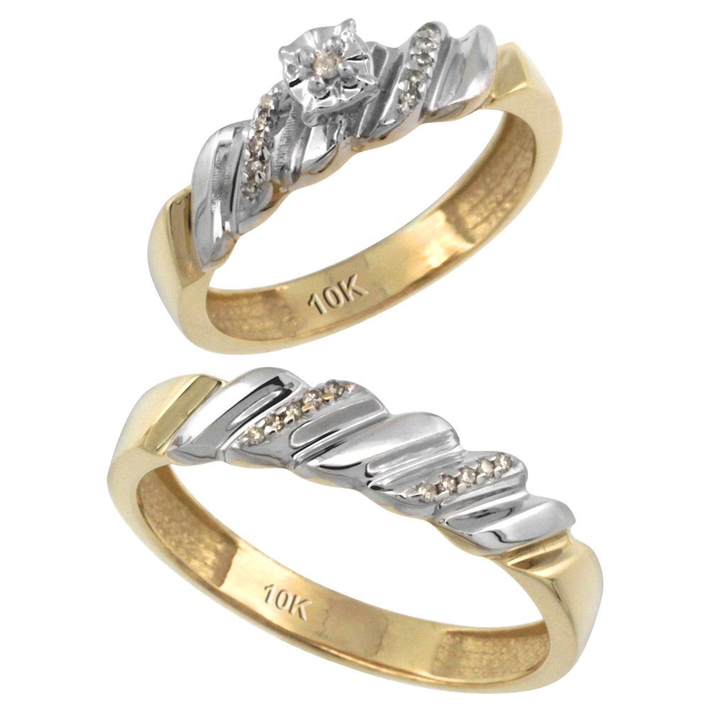 10k Gold 2-Pc Diamond Ring Set (5mm Engagement Ring &amp; 5mm Man&#039;s Wedding Band), w/ 0.143 Carat Brilliant Cut Diamonds