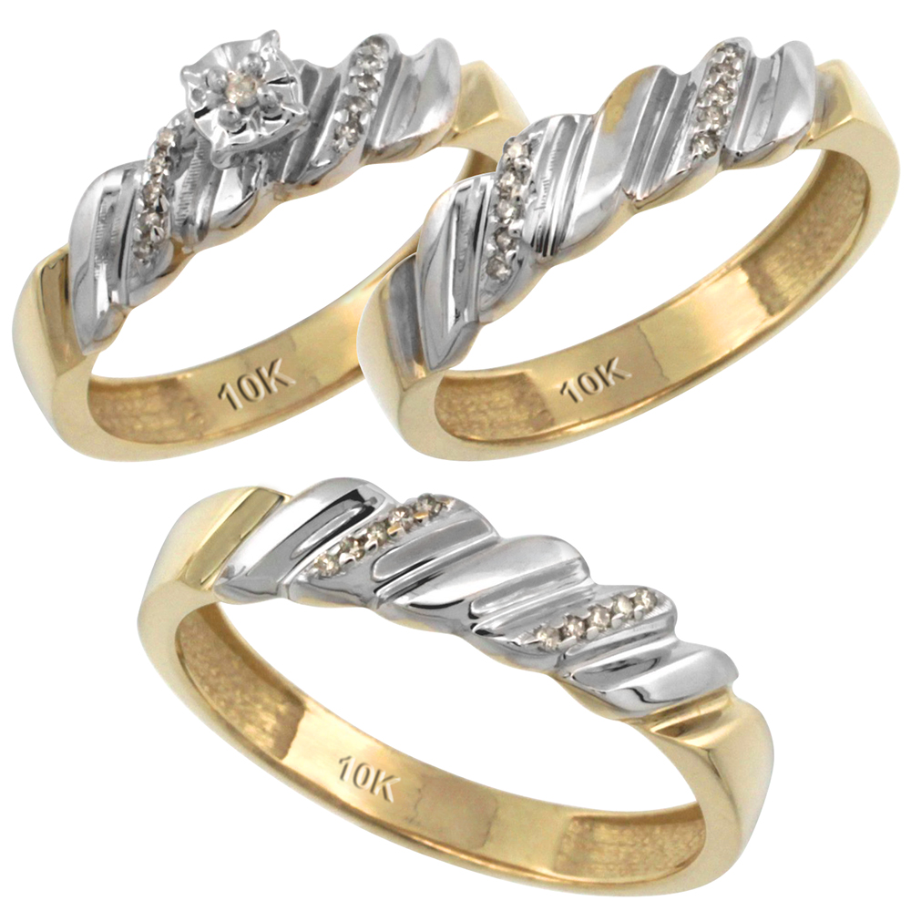 10k Gold 3-Pc. Trio His (5mm) &amp; Hers (5mm) Diamond Wedding Ring Band Set, w/ 0.20 Carat Brilliant Cut Diamonds (Ladies&#039; Sizes 5-10; Men&#039;s Sizes 8 to 14)