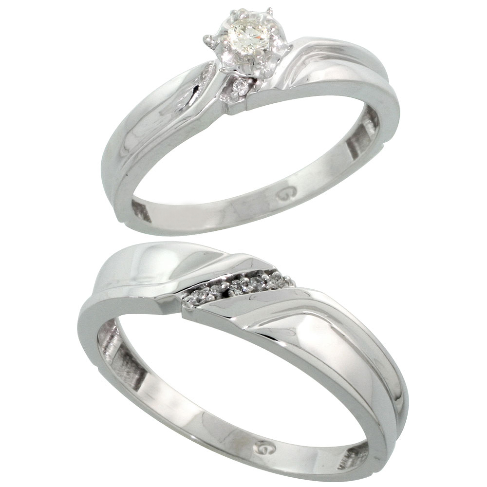 14k White Gold 2-Piece Diamond Ring Band Set w/ Rhodium Accent ( Engagement Ring &amp; Man&#039;s Wedding Band ), w/ 0.20 Carat Brilliant Cut Diamonds, ( 5mm; 7mm ) wide