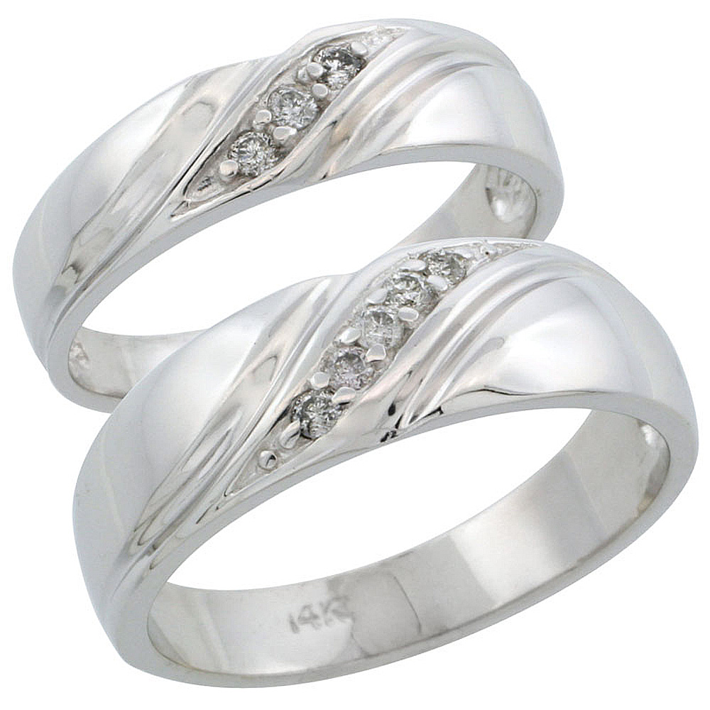 14k White Gold 2-Piece His (7mm) &amp; Hers (5mm) Diamond Wedding Ring Band Set w/ 0.16 Carat Brilliant Cut Diamonds; (Ladies Size 5 to10; Men&#039;s Size 8 to 14)