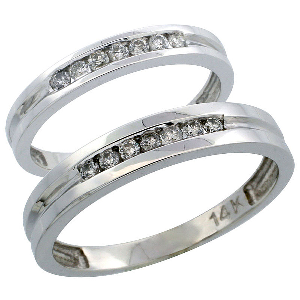 14k White Gold 2-Piece His (4mm) &amp; Hers (3mm) Diamond Wedding Ring Band Set w/ 0.30 Carat Brilliant Cut Diamonds; (Ladies Size 5 to10; Men&#039;s Size 8 to 14)