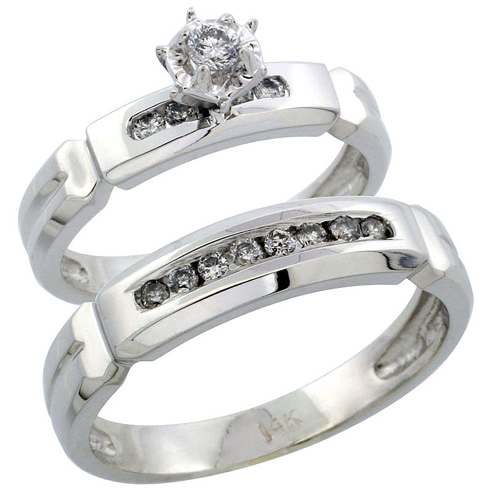 14k White Gold 2-Piece Diamond Ring Band Set w/ Rhodium Accent ( Engagement Ring &amp; Man&#039;s Wedding Band ), w/ 0.28 Carat Brilliant Cut Diamonds, ( 4mm; 5mm ) wide