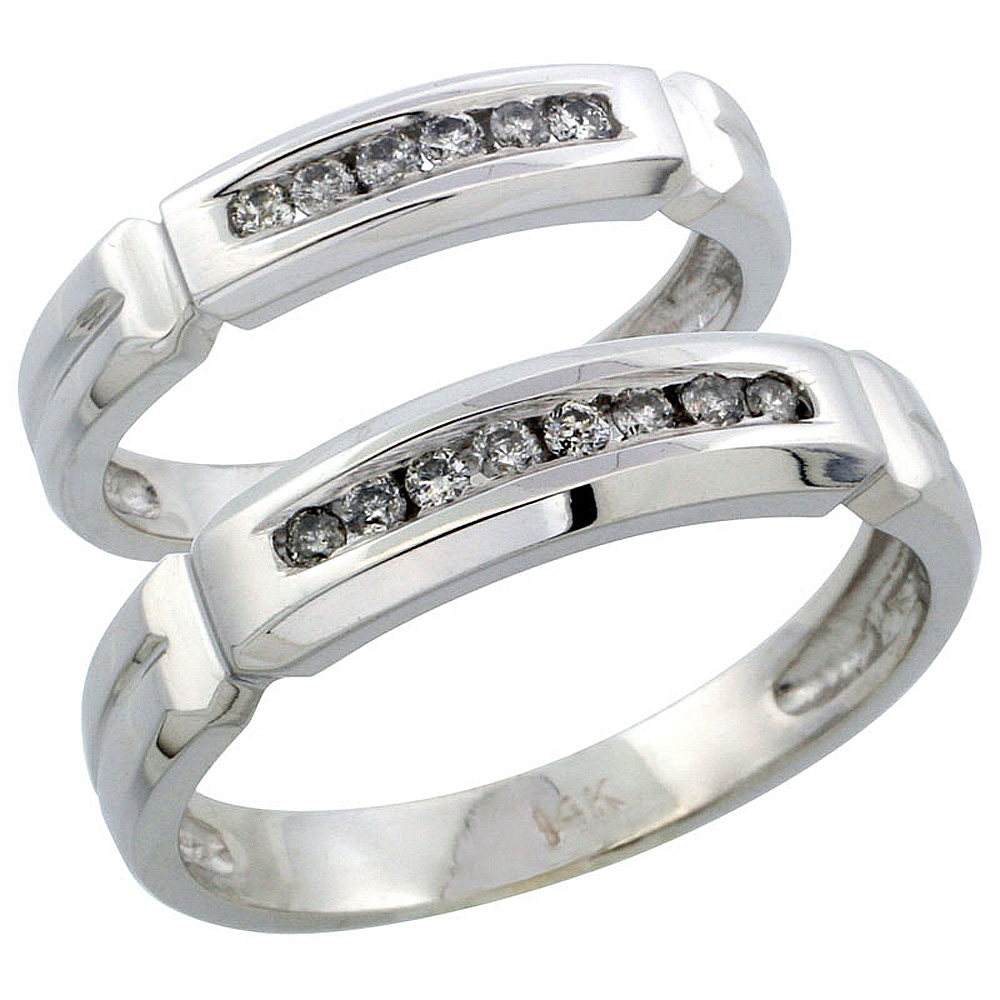 14k White Gold 2-Piece His (5mm) &amp; Hers (4mm) Diamond Wedding Ring Band Set w/ 0.24 Carat Brilliant Cut Diamonds; (Ladies Size 5 to10; Men&#039;s Size 8 to 14)