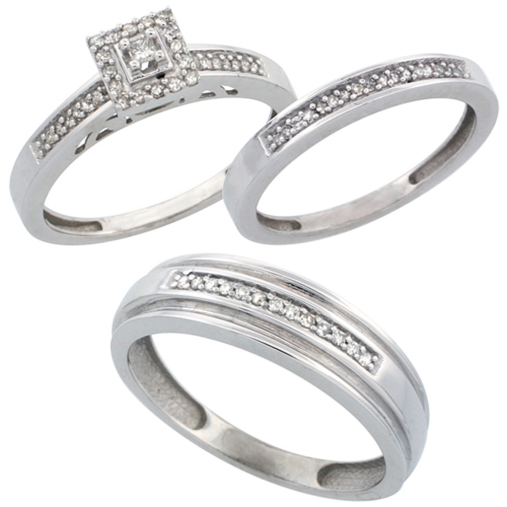 10k White Gold 3-Piece Trio His (6mm) &amp; Hers (2.5mm) Diamond Wedding Band Set, w/ 0.33 Carat Brilliant Cut Diamonds; (Ladies Size 5 to10; Men&#039;s Size 8 to 10)