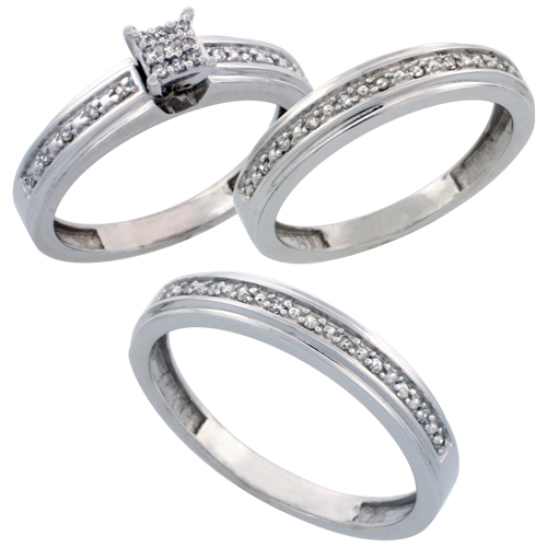 10k White Gold 3-Piece Trio His (4mm) &amp; Hers (4mm) Diamond Wedding Band Set, w/ 0.29 Carat Brilliant Cut Diamonds; (Ladies Size 5 to10; Men&#039;s Size 8 to 10)