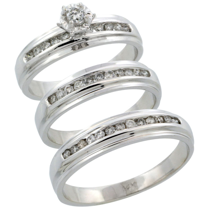 14k White Gold 3-Piece Trio His (5mm) &amp; Hers (5mm) Diamond Wedding Ring Band Set w/ 0.57 Carat Brilliant Cut Diamonds; (Ladies Size 5 to10; Men&#039;s Size 8 to 14)