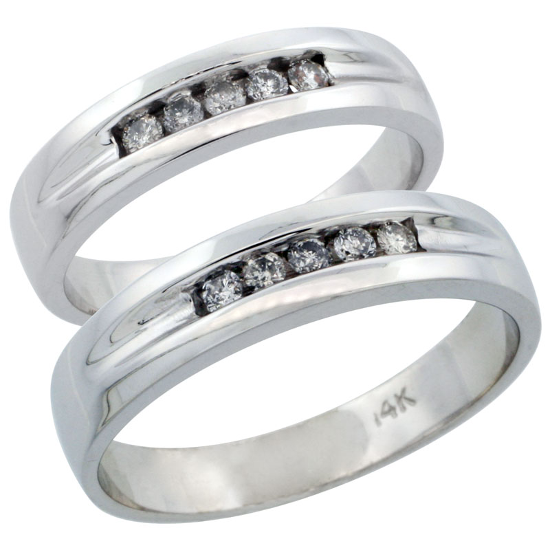 14k White Gold 2-Piece His (6mm) &amp; Hers (6mm) Diamond Wedding Ring Band Set w/ 0.28 Carat Brilliant Cut Diamonds; (Ladies Size 5 to10; Men&#039;s Size 8 to 14)