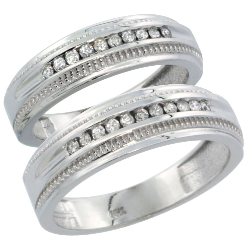 14k White Gold 2-Piece His (6.5mm) &amp; Hers (6mm) Diamond Wedding Ring Band Set w/ 0.60 Carat Brilliant Cut Diamonds; (Ladies Size 5 to10; Men&#039;s Size 8 to 12.5)