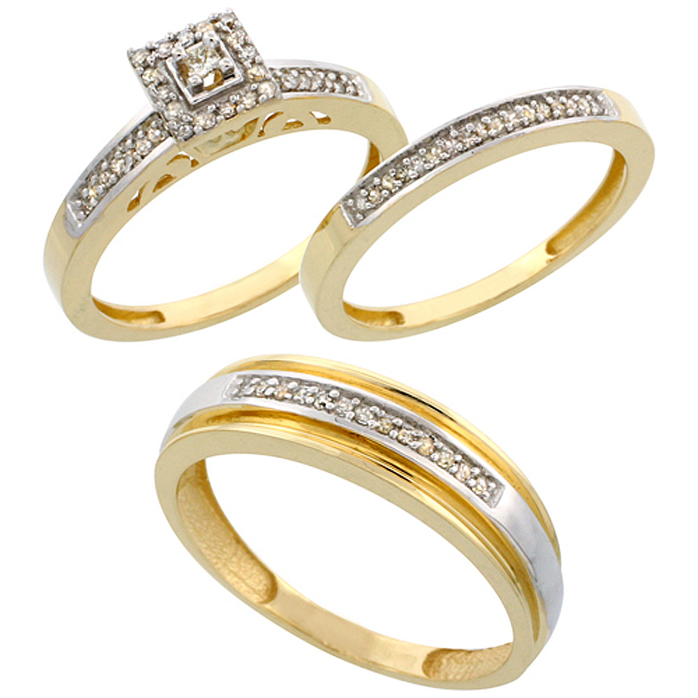 10k Gold 3-Piece Trio His (6mm) &amp; Hers (2.5mm) Diamond Wedding Band Set, w/ 0.33 Carat Brilliant Cut Diamonds; (Ladies Size 5 to10; Men&#039;s Size 8 to 10)