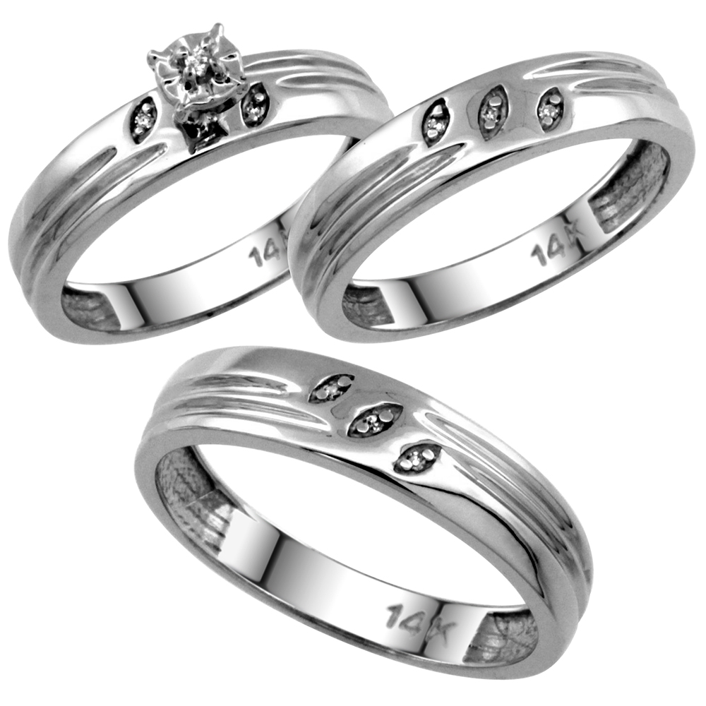 14k White Gold 2-Pc Diamond Ring Set (4.5mm Engagement Ring &amp; 5mm Man&#039;s Wedding Band), w/ 0.056 Carat Brilliant Cut Diamonds