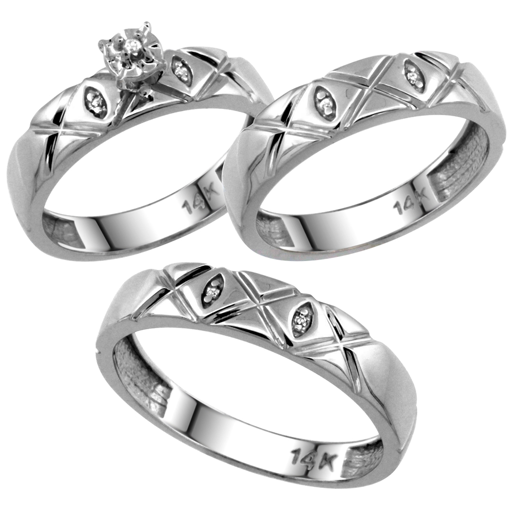 14k White Gold 3-Pc. Trio His (5mm) &amp; Hers (4.5mm) Diamond Wedding Ring Band Set, w/ 0.056 Carat Brilliant Cut Diamonds (Ladies&#039; Sizes 5-10; Men&#039;s Sizes 8 to 14)
