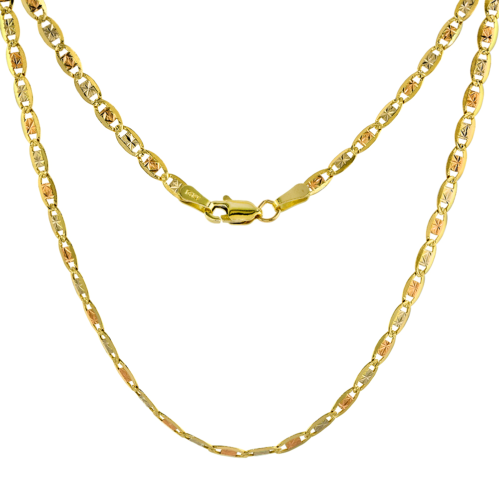 Solid 14K Tri-color Gold 3mm Star Diamond Cut Chain Necklace for Women Sparkling Flat Links 16-24 inch