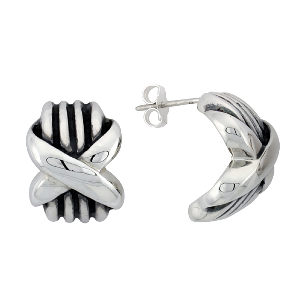 3/4 inch Sterling Silver Cross Wrap Pattern Half Hoop Post Earrings for Women Antiqued Finish 1/2 inch wide