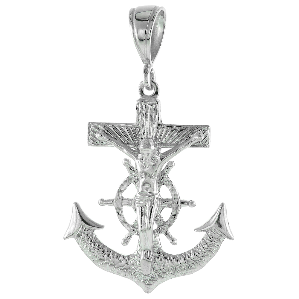 Very Large Sterling Silver Anchor Cross Mariners Cross Pendant 12mm Bale Textured Heavy, 2 3/8 inch