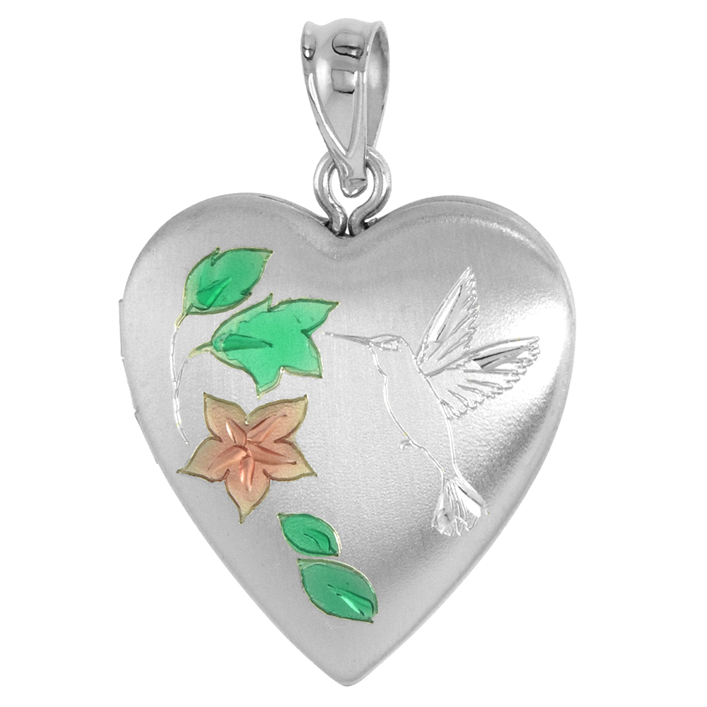 3/4 inch Sterling Silver Hummingbird Locket Necklace for Women Heart shape 16-20 inch