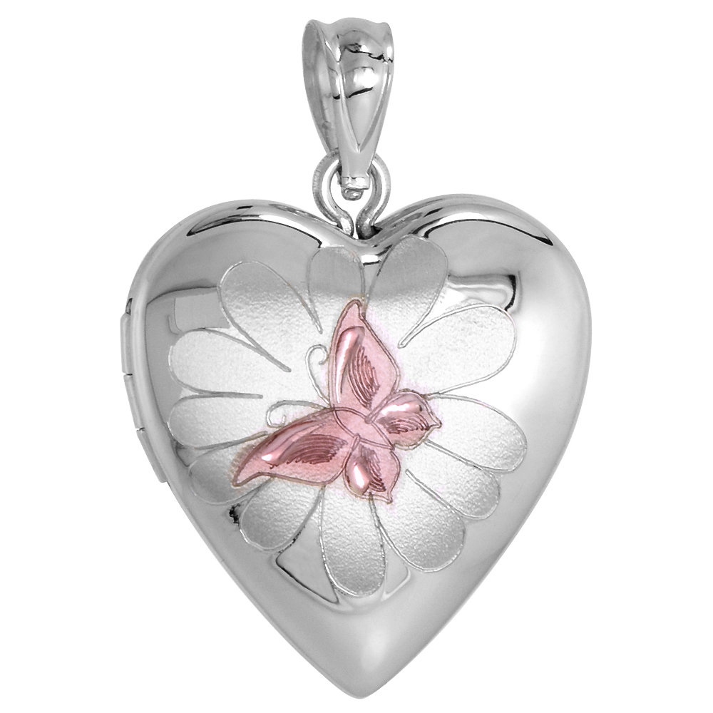 3/4 inch Sterling Silver Butterfly on Flower Locket Necklace for Women Heart Shape Pink Enamel 16-20 inch