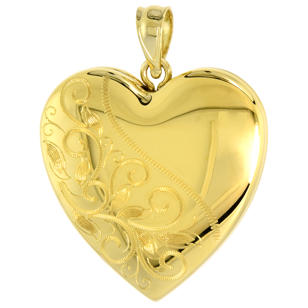 Gold plated 1 inch Sterling Silver Heart Locket Necklace for Women Scroll Etching 16-24 inch