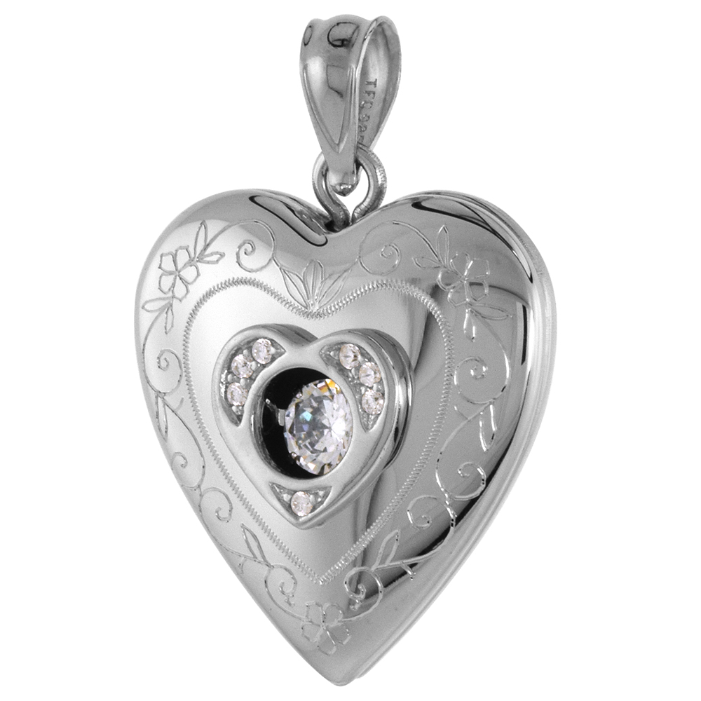 3/4 inch Sterling Silver Cubic Zirconia Dancing Diamond Heart Locket Necklace for Women Scroll Etching