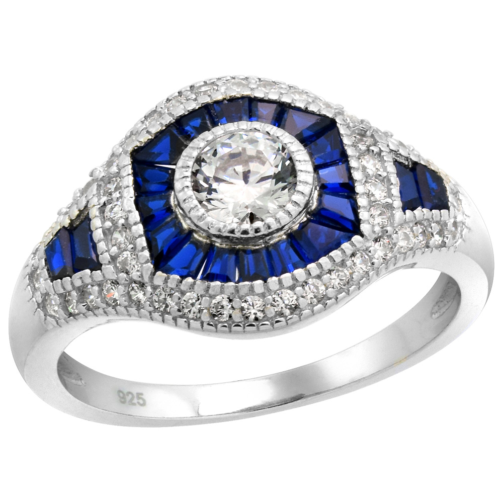 Sterling Silver Art Deco Ring Round CZ 5mm Synthetic Baguette Blue Sapphires 1/2 inch wide, sizes 6 - 9