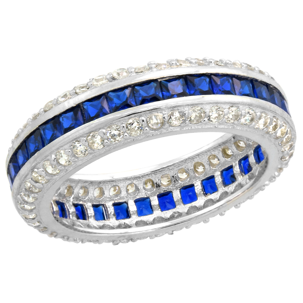 Sterling Silver Art Deco Eternity Ring Synthetic Square Blue Sapphires &amp; CZ stones 1/4 inch sizes 6 - 9